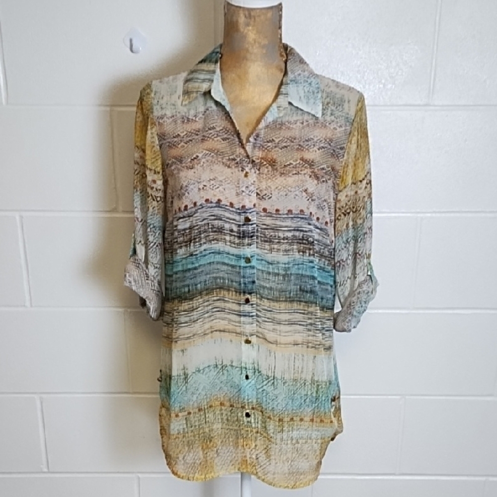 Sheer flowy Shirt Shacket Coastal Colors Roll Tab Sleeves Tab Sides Gold Accents